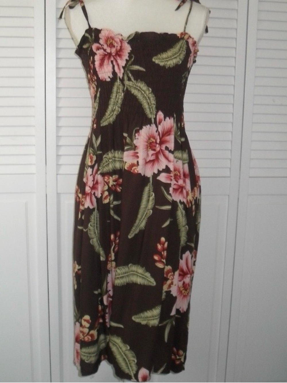Floral Tie-Shoulder Dark Brown Dress with Pink Hibiscus Flowers